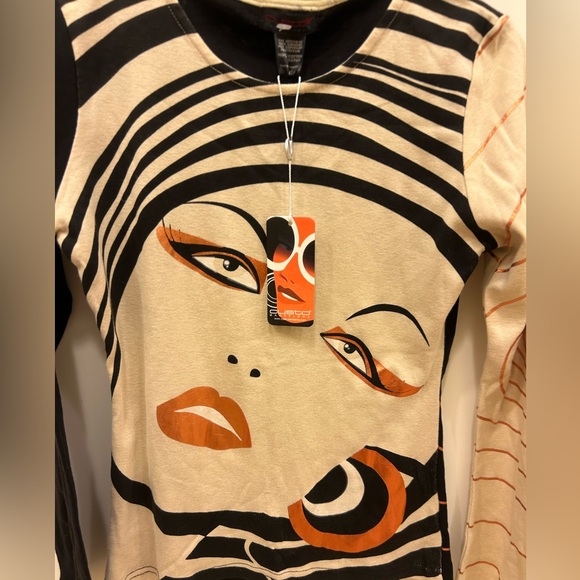 vintage Custo Barcelona long-sleeve Artistic Black and Cream top shirt 1 nwt - Picture 2 of 12